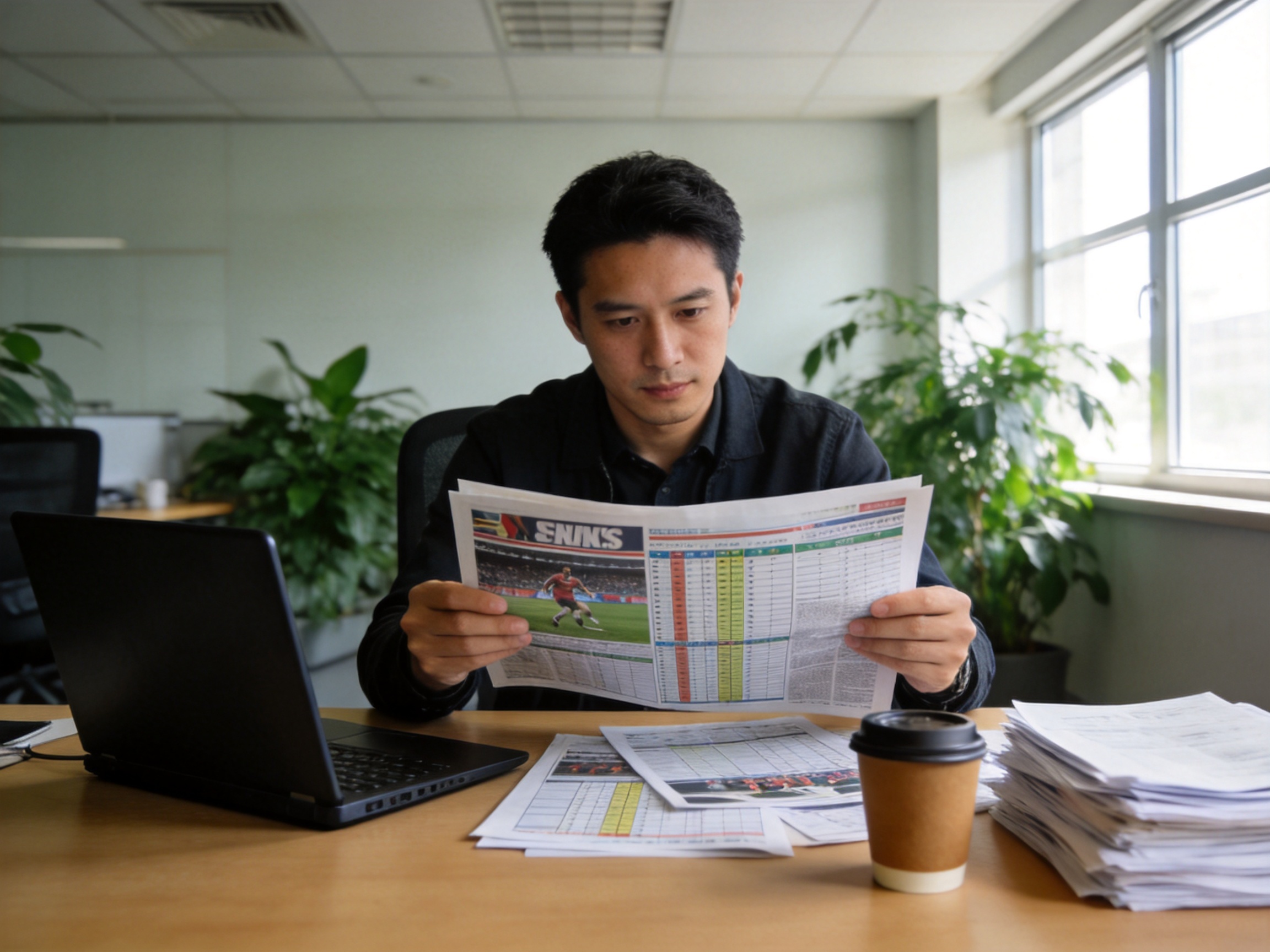 乐竟品牌定位模块配图：内容编辑台前整理赛事新闻与赛程资料的场景